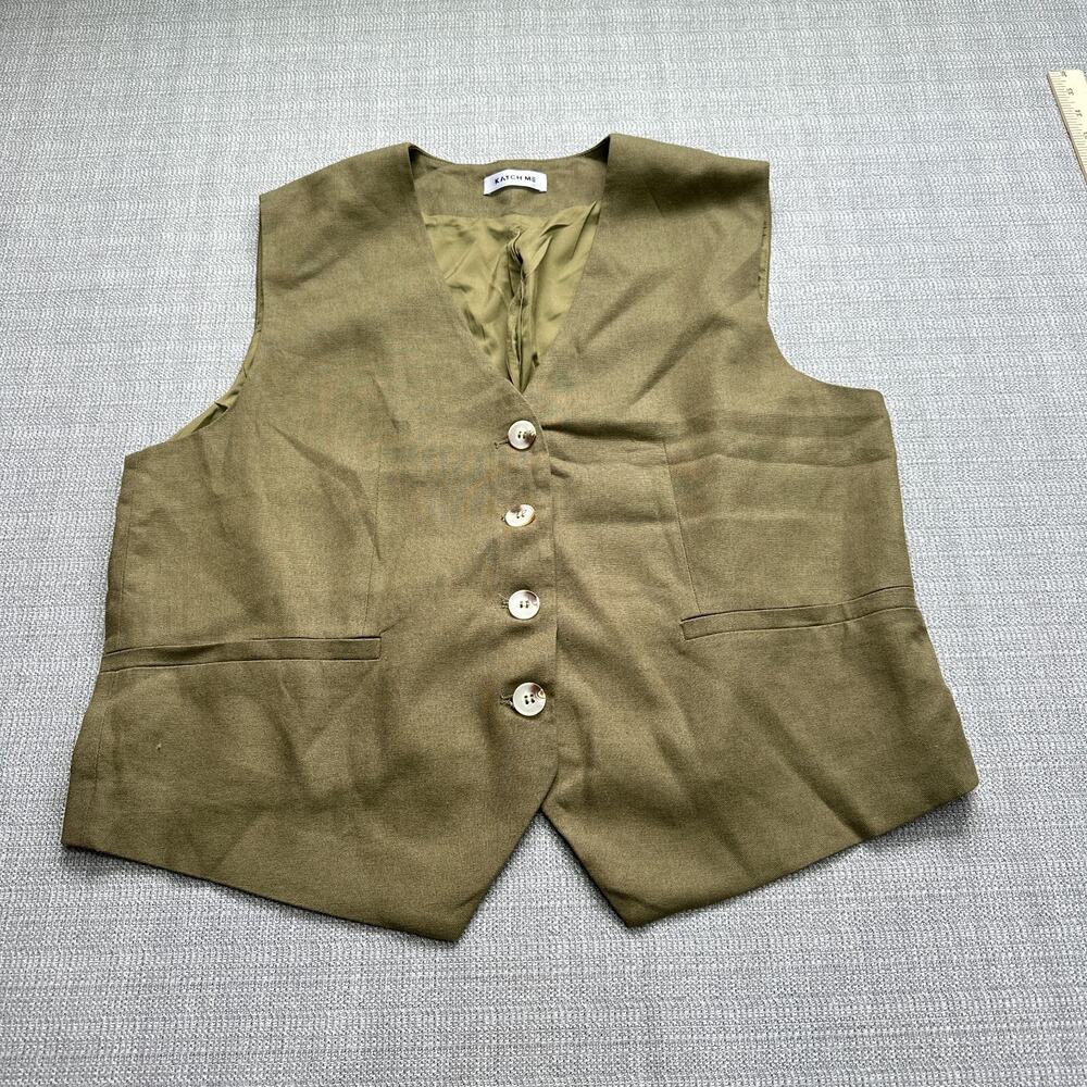 Katch Me Vest Womens XXL Green Linen Blend Button Up Y2K Utility‎ Chic Split Hem